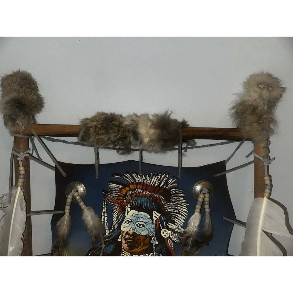 Native American Mandella Shield Hand Painted Saddle Blanket On Leather Log Frame